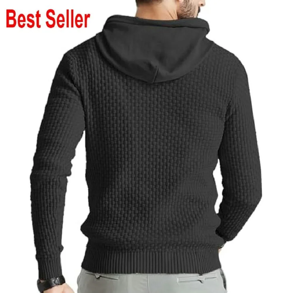 Slim Fit Hooded Sweatshirt Knitted Pullover Trendy Weave Texture Lightweight